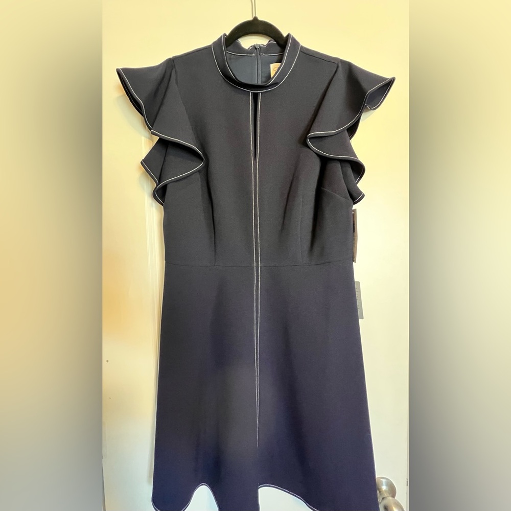 NWT Eliza J NAVY Blue Midi-Dress with Butterfly Sleeves & Keyhole at Chest 👗